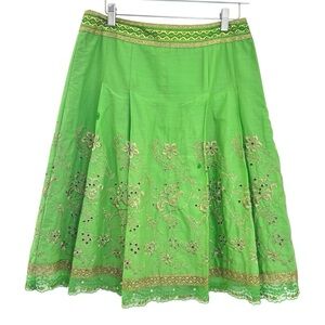 Express 90s Y2K Ethereal Fairy Green Midi Skirt 6 Cotton Gold Thread Sequin Lace